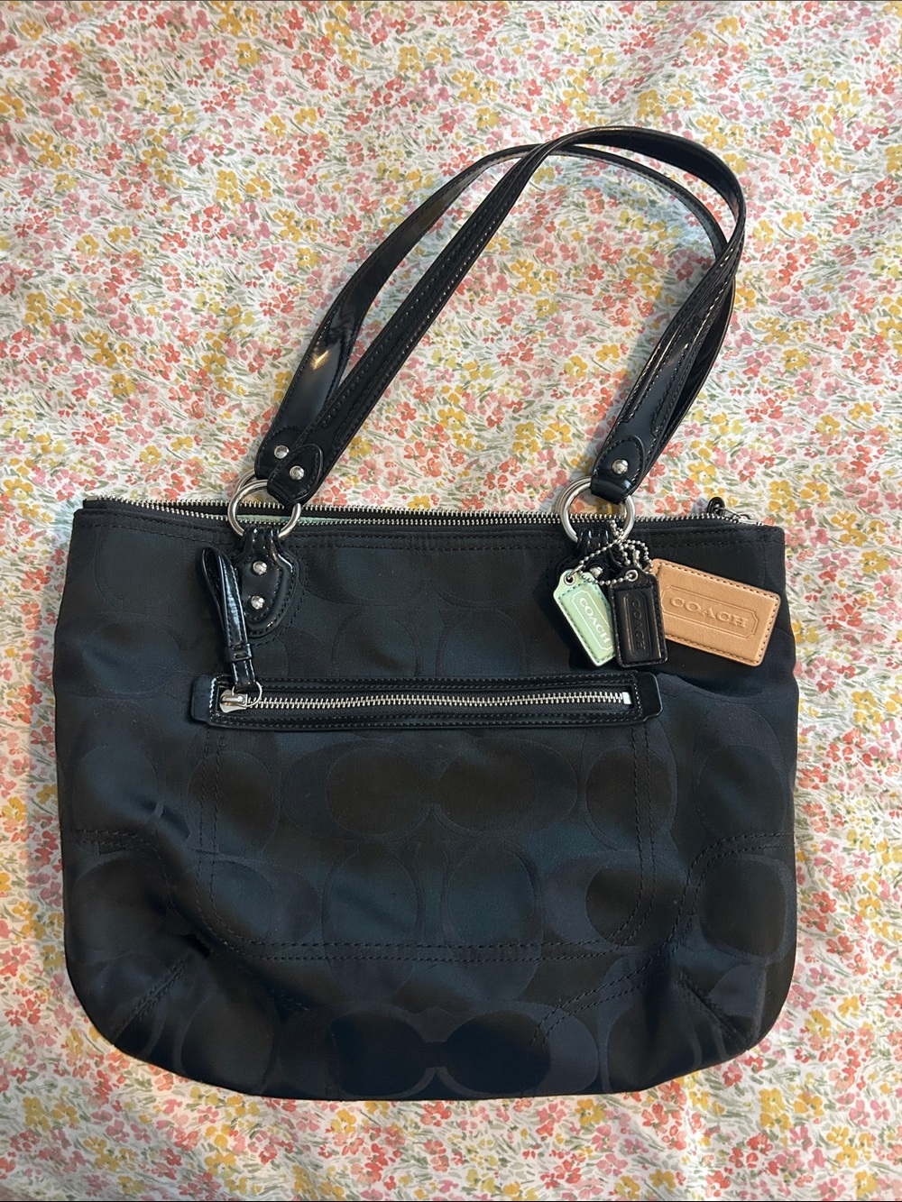 Coach Black Signature Shoulder Tote with Leather Accents and Tag Charms